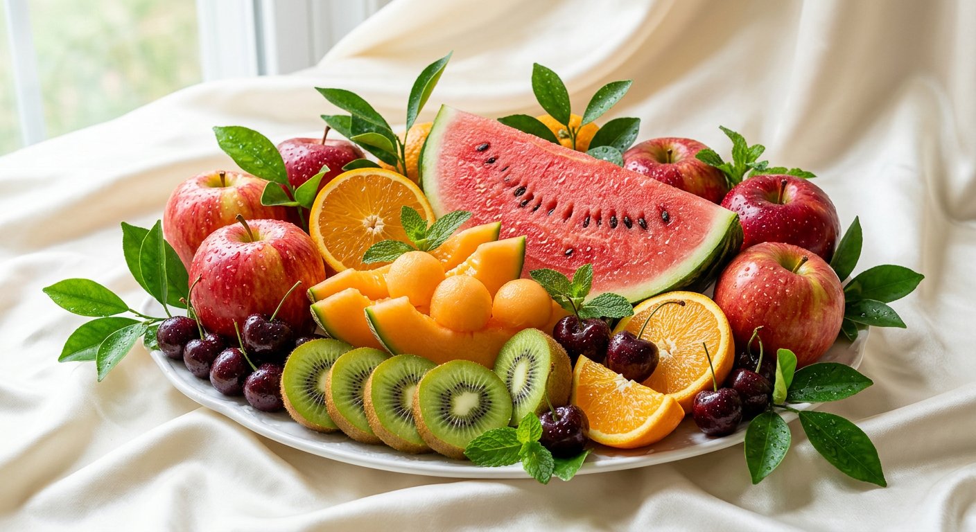 Fresh luxury fruits — apples, kiwi, oranges, cherries