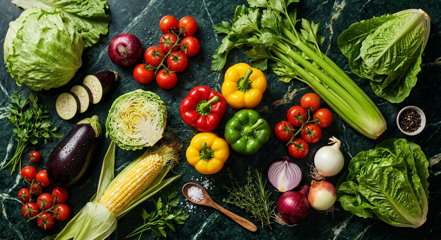 Fresh luxury vegetables — bell peppers, tomatoes, eggplant
